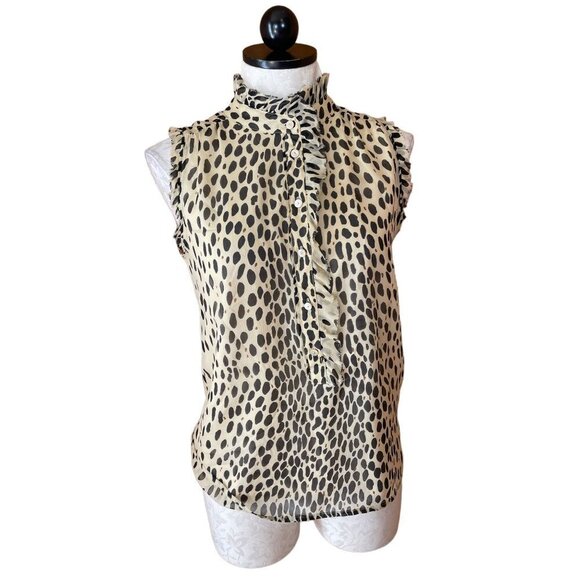 J Crew Blouse Pullover Top Button Front Animal Print Sleeveless Silk Beige Sz 0 - Picture 1 of 8